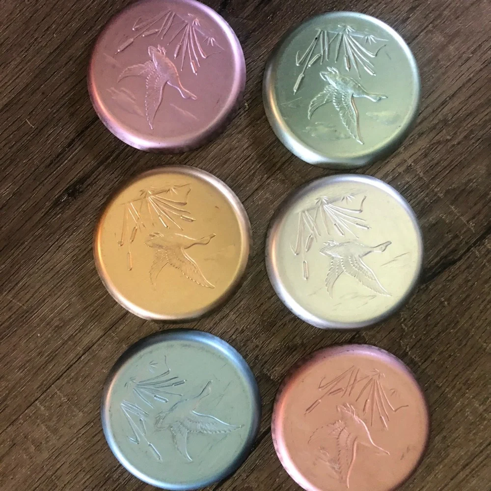 Vintage Set of 6 Aluminum Coasters MCM Pastel Flying Mallard Duck‎ 3.25